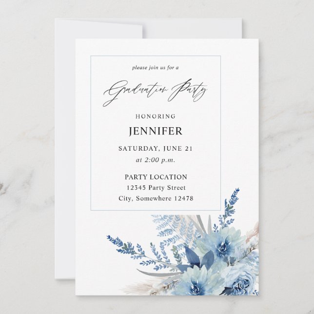 Invitation Dusty Blue Boho Floral Graduation Party (Devant)