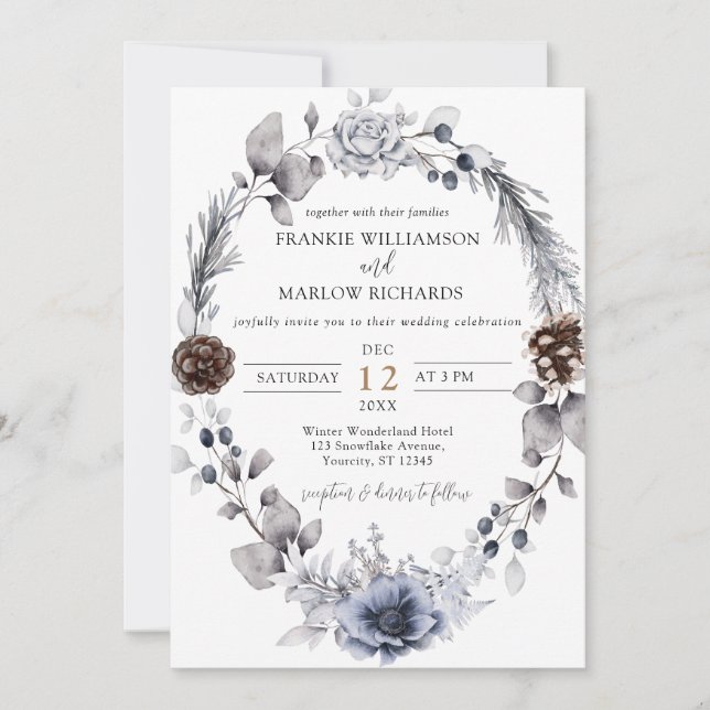 Invitation Dusty Blue Boho Floral Mariage d'hiver (Devant)