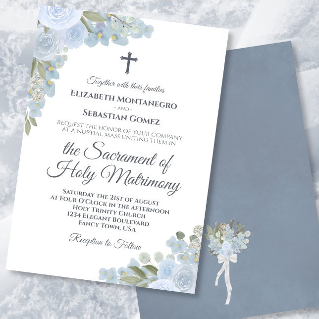 Invitation Dusty Blue Boho Floral Moderne Mariage catholique (In Situ on Lace)