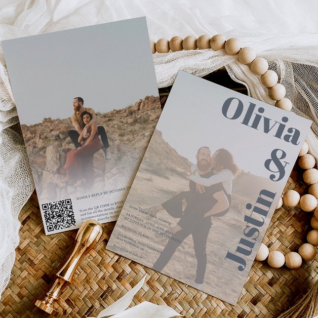 Invitation Dusty blue bold names 2 photos Code Qr mariage (Créateur téléchargé)