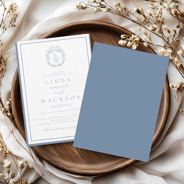Invitation Dusty blue botanical crest monogram wedding (Créateur téléchargé)