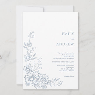Invitation Dusty Blue Botanical Daisy Garden Wedding