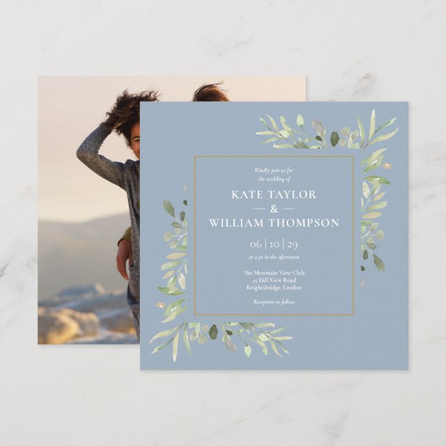 Invitation Dusty Blue Botanical Greenery Mariage photo (Devant / Derrière)