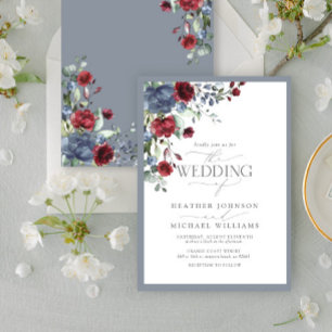 Invitation Dusty Blue Bourgogne Aquarelle Mariage Floral