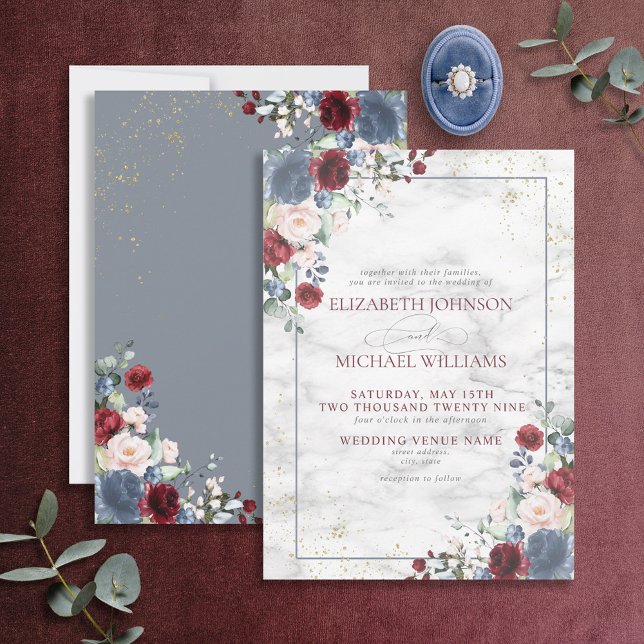 Invitation Dusty Blue Bourgogne Blush Gold FlorMariage (Créateur téléchargé)