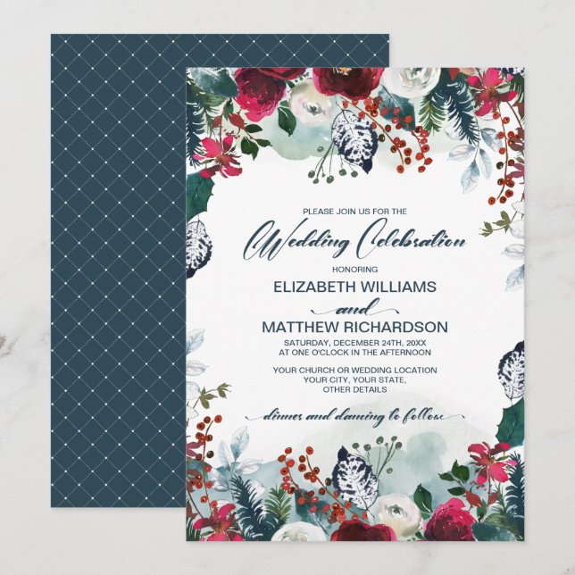 Invitation Dusty Blue | Bourgogne Mariage de la Bloom Rouge (Devant / Derrière)