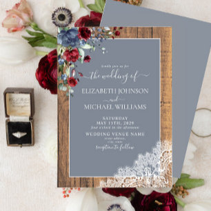 Invitation Dusty Blue Bourgogne Mariage de script en dentelle