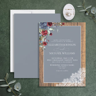 Invitation Dusty Blue Bourgogne Wood Lace Script Mariage Invi