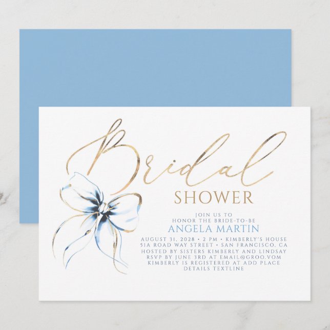 Invitation Dusty Blue Bow Elegant Romantic Bridal Shower (Devant / Derrière)