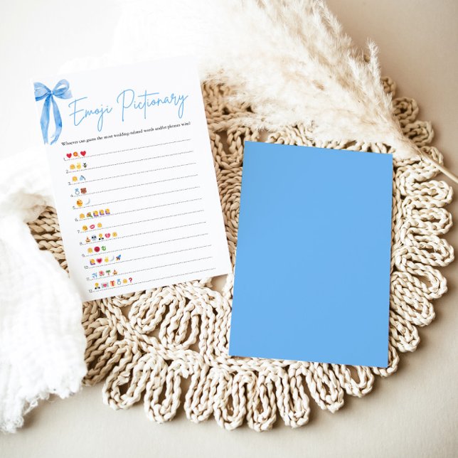 Invitation Dusty Blue Bow Fête des mariées Emoji Pictionary J (Modern Watercolor Dusty Blue Bow Bridal Shower Emoji Pictionary Game)