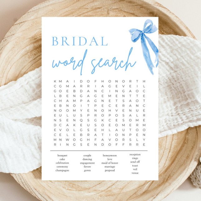 Invitation Dusty Blue Bow Fête des mariées Mot de recherche (Watercolor Dusty Blue Bow Bridal Shower Word Search Game )