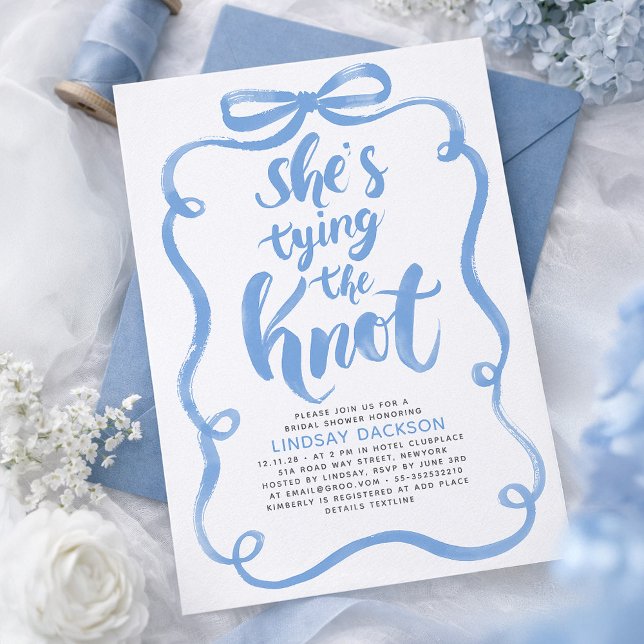 Invitation Dusty Blue Bow She's Tying The Knot Bridal Shower (Dusty Blue Bow Whimsical Bridal Shower Invitation She's Tying The Knot)
