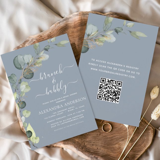 Invitation Dusty Blue Brunch & Bubbly QR Code Eucalyptus (Créateur téléchargé)