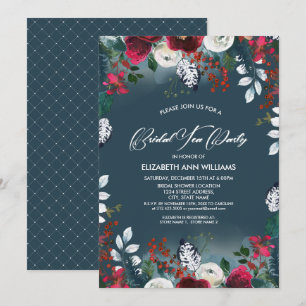 Invitation Dusty Blue   Burgundy Red Bloom Bridal Tea Party