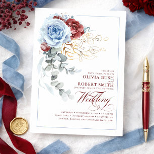 Invitation Dusty Blue & Burgundy Red Boho Floral Mariage