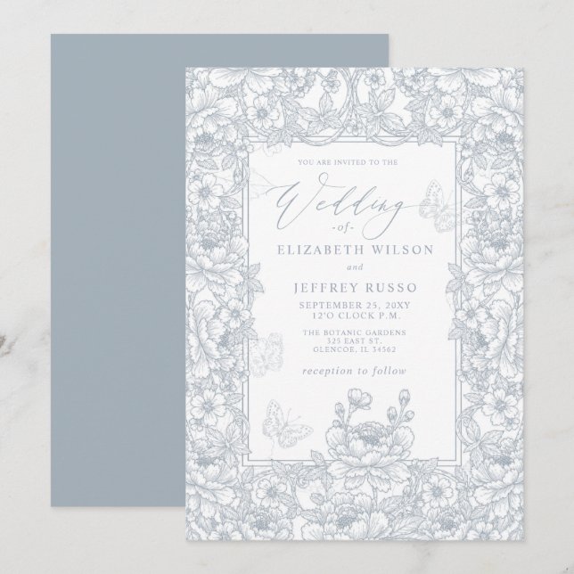 Invitation Dusty Blue Chinoiserie Floral Botanical Wedding (Devant / Derrière)