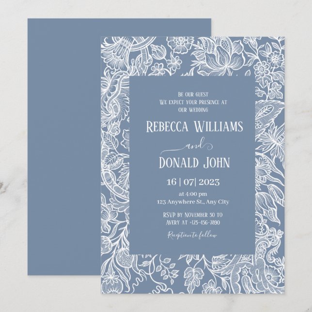 Invitation Dusty Blue Chinoiserie Floral mariage (Devant / Derrière)