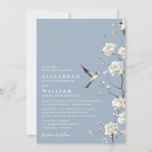 Invitation Dusty Blue Chinoiserie Floral Tout en un Mariage