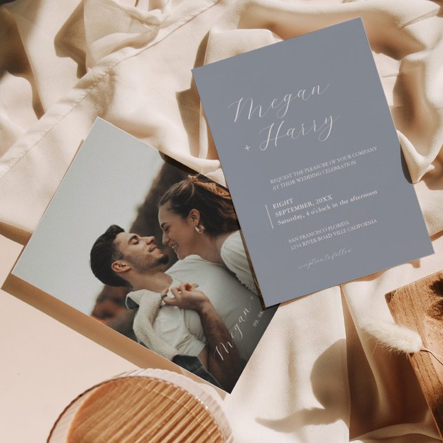 Invitation Dusty Blue Classy Script Mariage photo moderne (Créateur téléchargé)