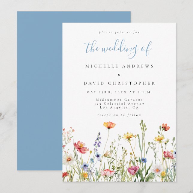 Invitation Dusty Blue Colorful Rustic Wildflower Wedding (Devant / Derrière)