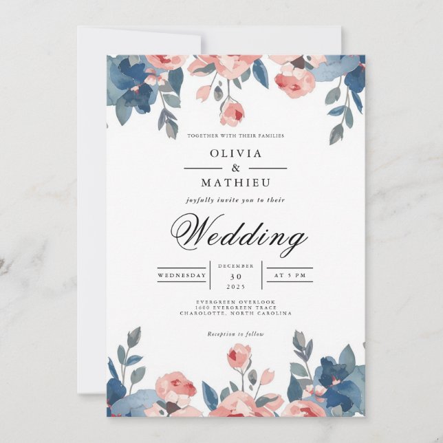 Invitation Dusty Blue & Coral Floral Romance Mariage (Devant)