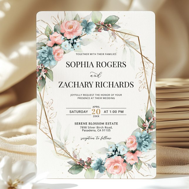 Invitation Dusty Blue Coral Pink Floral Geometric Wedding  (Créateur téléchargé)