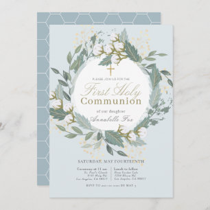 Invitation Dusty Blue Cotton Wreath First Holy Communion