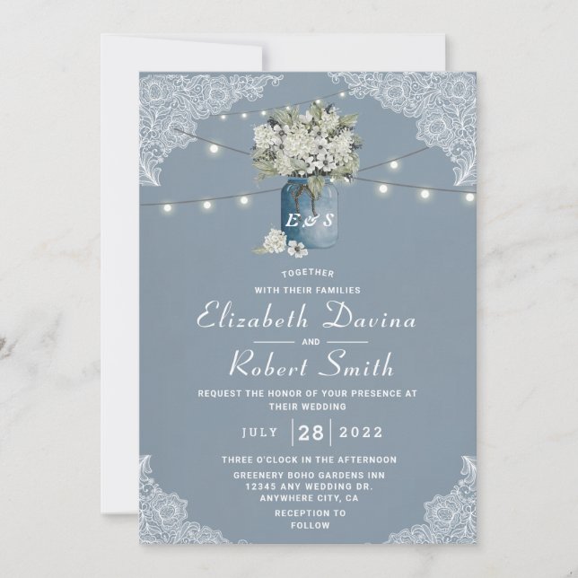 Invitation Dusty Blue Country Combiné Blanc Mariage dentelle (Devant)