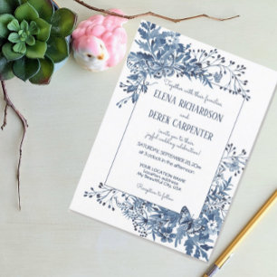 Invitation Dusty Blue Country Flowers Aquarelle Art Mariage
