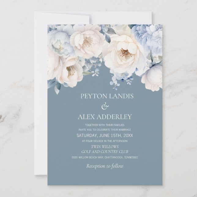 Invitation Dusty Blue Cream Blanc Floral Mariage (Devant)