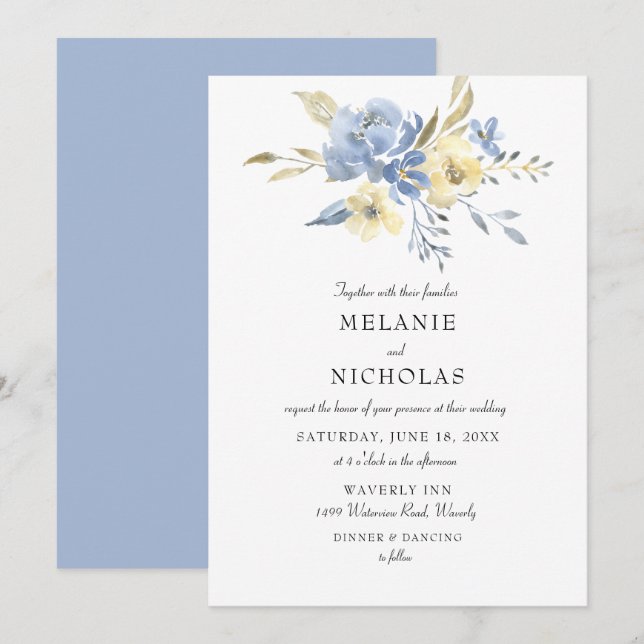 Invitation Dusty Blue + Cream Floral Mariage (Devant / Derrière)