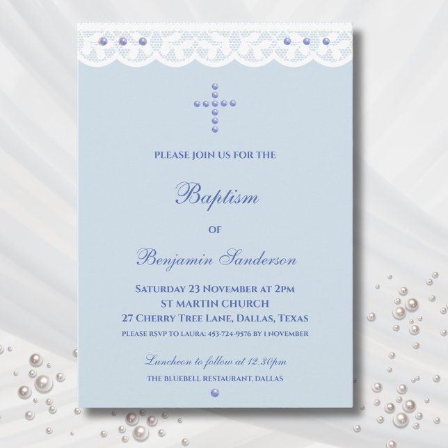Invitation Dusty Blue Cross Christening Christian Baptism (Créateur téléchargé)