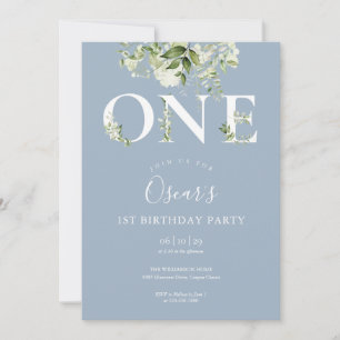 Invitation Dusty Blue Cute Floral Green 1er anniversaire