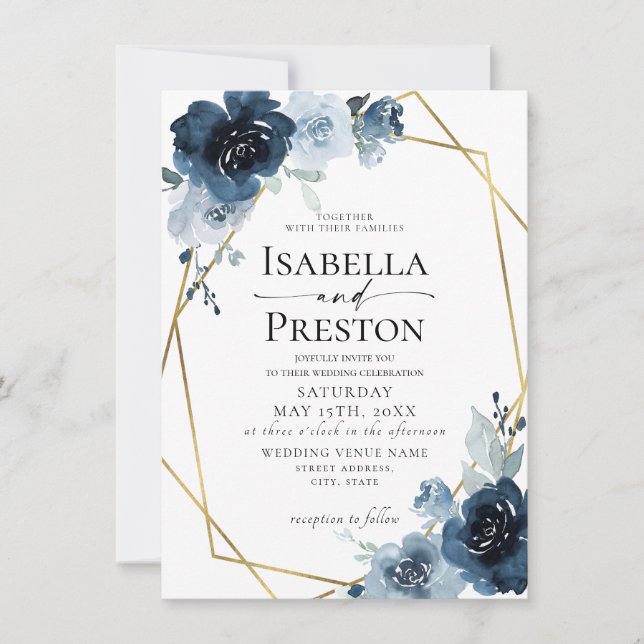 Invitation Dusty Blue Dark Navy Boho Gold Foil Floral Mariage (Devant)