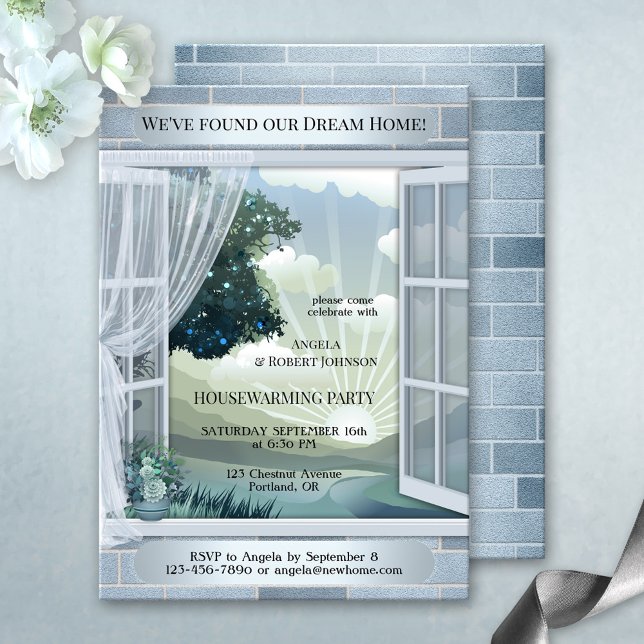 Invitation Dusty Blue Dream Home Ménage (Housewarming party invitation featuring a dreamy dusty blue silver and pale green design)