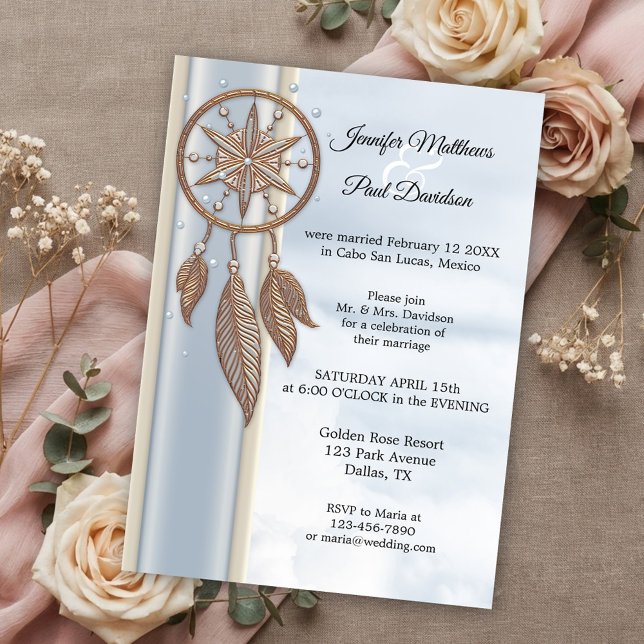 Invitation Dusty Blue Dreamcatcher Réception de mariage uniqu (After wedding invitation featuring a dusty blue design with a rose gold dreamcatcher)