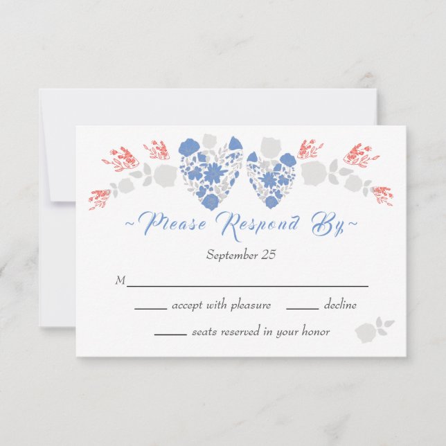 Invitation Dusty Blue Elegant Blanc Gris Floral Mariage Coeur (Devant)