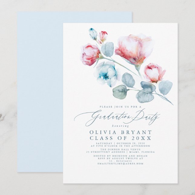 Invitation Dusty Blue Elegant Boho Floral Graduation Party (Devant / Derrière)