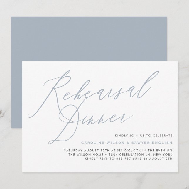 Invitation Dusty Blue Elegant Calligraphy Rehearer Dîner (Devant / Derrière)