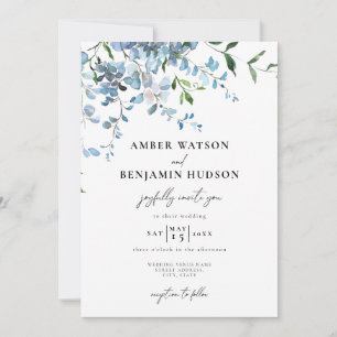 Invitation Dusty Blue Elegant Floral Aquarelle Mariage
