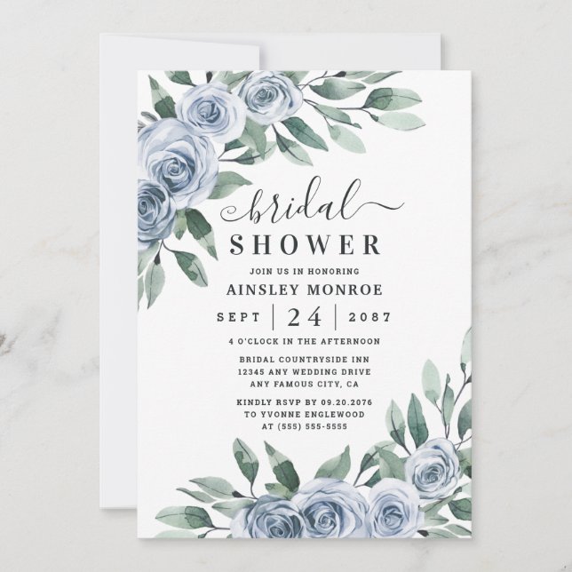 Invitation Dusty Blue Elegant Floral Boho Rose Fête des marié (Devant)