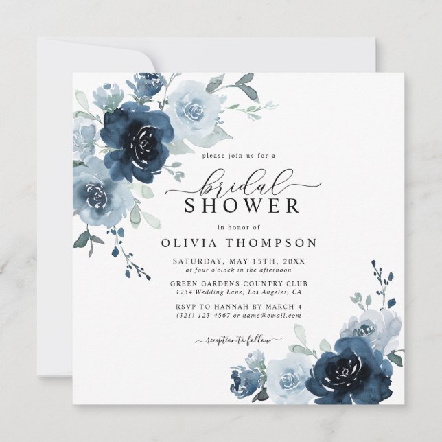 Invitation Dusty Blue Elegant Navy Fête des mariées botanique (Devant)