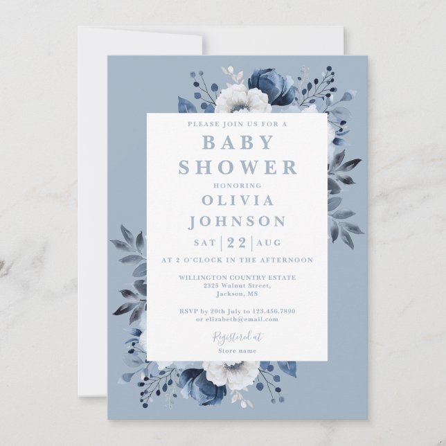 Invitation Dusty Blue élégant Pays Baby shower Floral (Devant)
