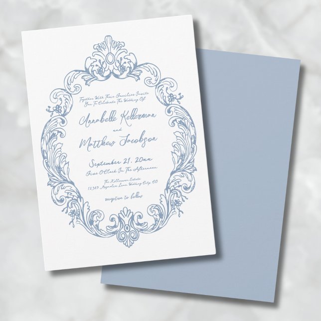 Invitation Dusty Blue Elegant Romantique Ornate Vintage Maria (Dusty Blue Elegant Romantic Ornate Vintage Wedding Invitation)