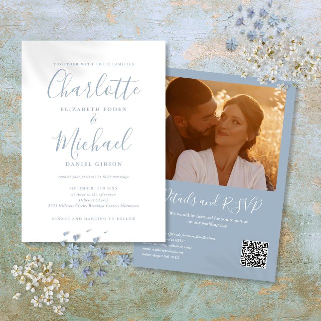 Invitation Dusty Blue Elegant Script QR Code Mariage photo (Dusty Blue Elegant Script QR Code Photo Wedding Invitation)