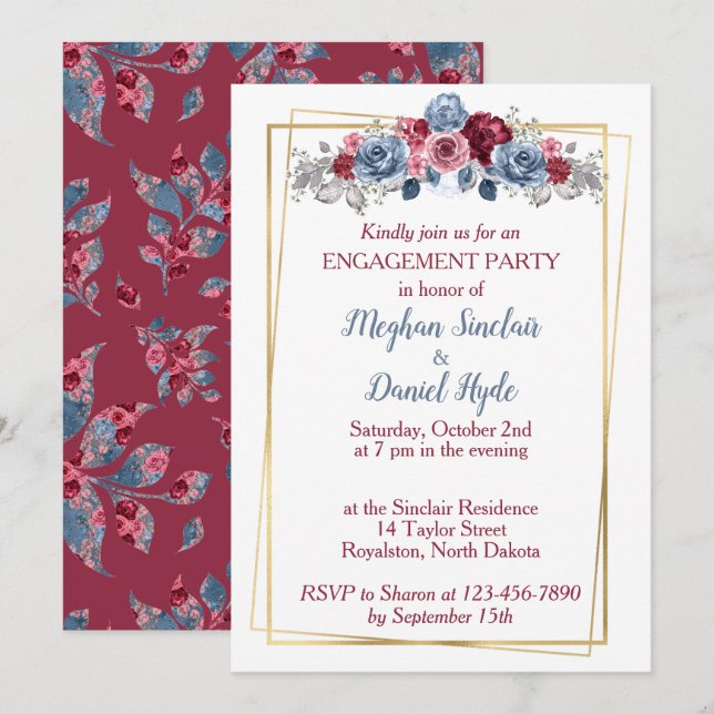 Invitation Dusty Blue et Bourgogne Mariage Engagement Party I (Devant / Derrière)