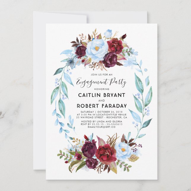 Invitation Dusty Blue et Burgundy Red Engagement Party (Devant)