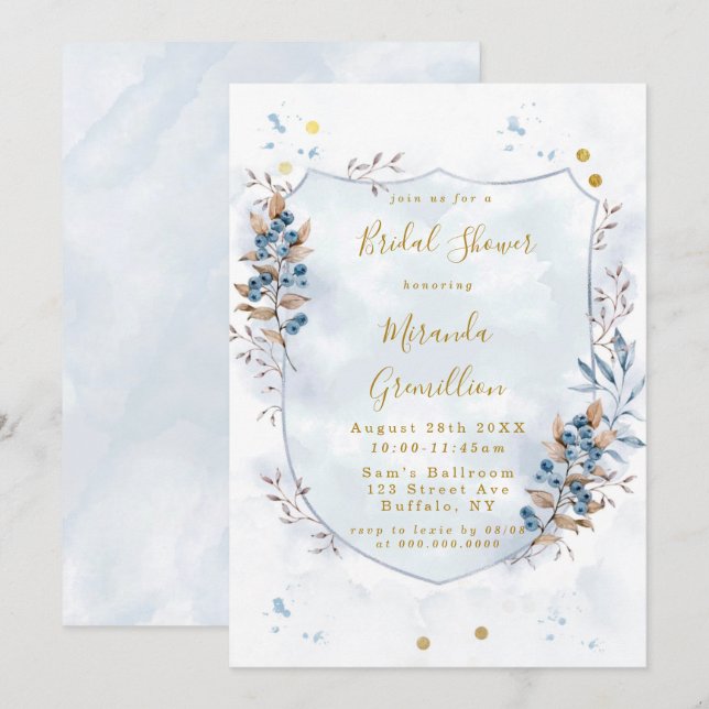 Invitation Dusty Blue et Fête des mariées de bleuets dorés (Devant / Derrière)
