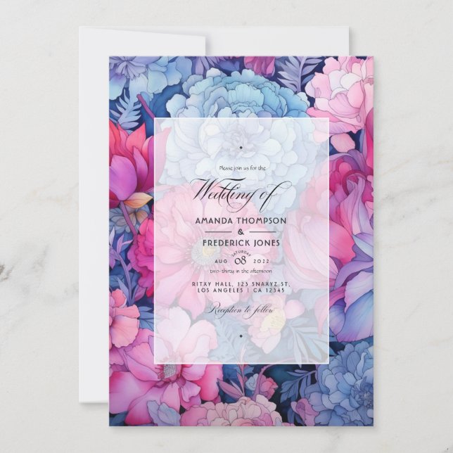 Invitation Dusty Blue et Fuchsia Floral Mariage (Devant)