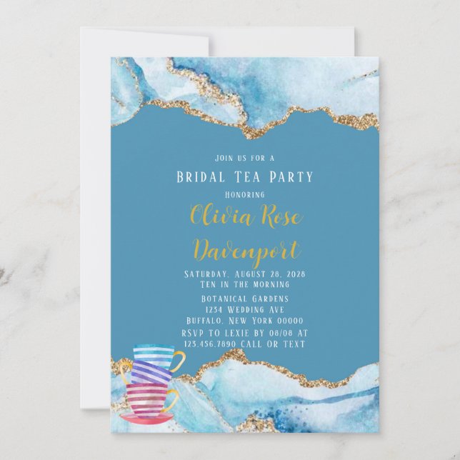 Invitation Dusty Blue et Gold Agate Bridal Tea Party (Devant)
